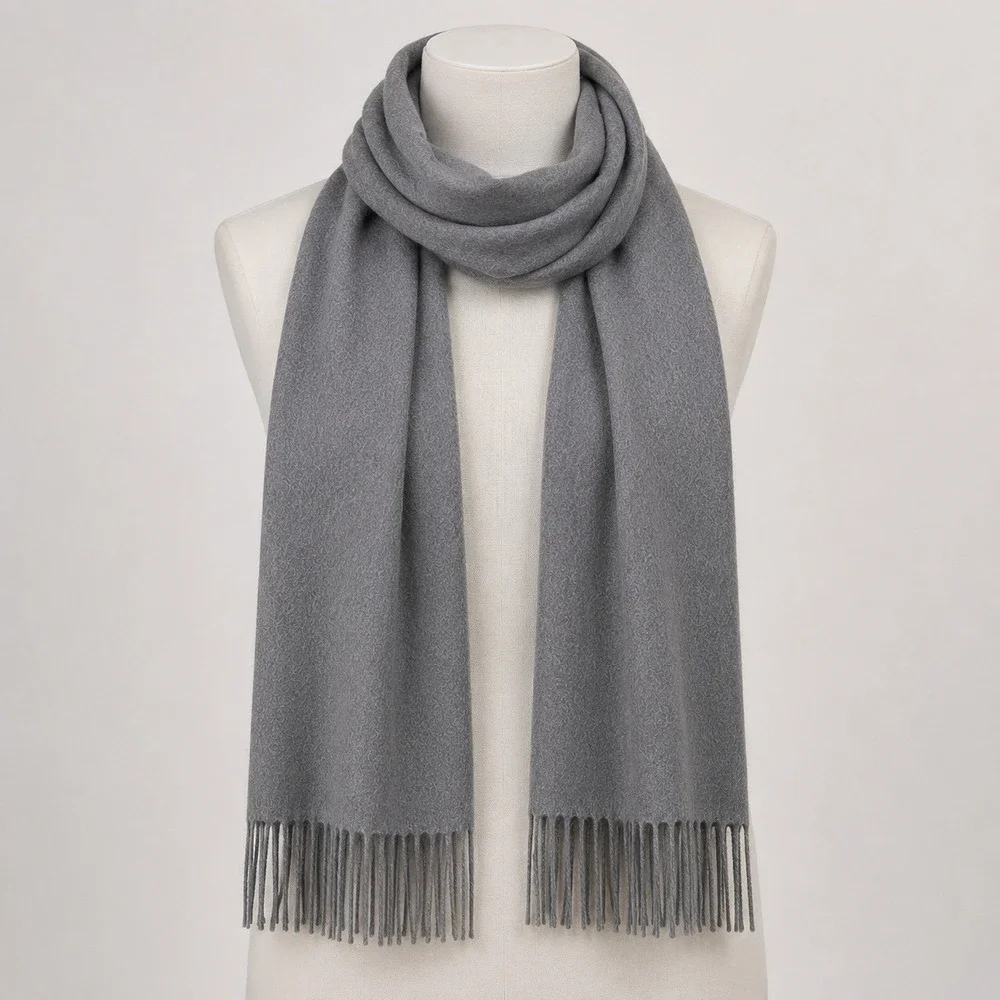 ML Studio 100% Cashmere Fringe Scarf Gray Textured Wrap Quiet Luxury Chic‎ Gift